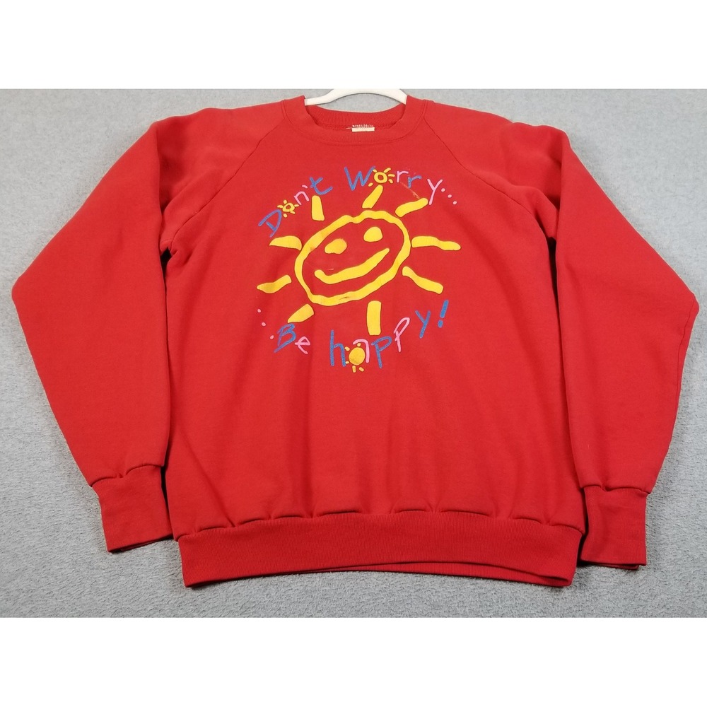 Vintage Fruit of the Loom Sweatshirt Mens XL Red Dont Worry Be Happy Sun 90s